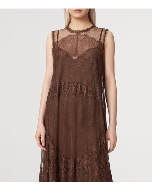 AllSaints Brown Tulle Lace-Trimmed Clara Midi Dress