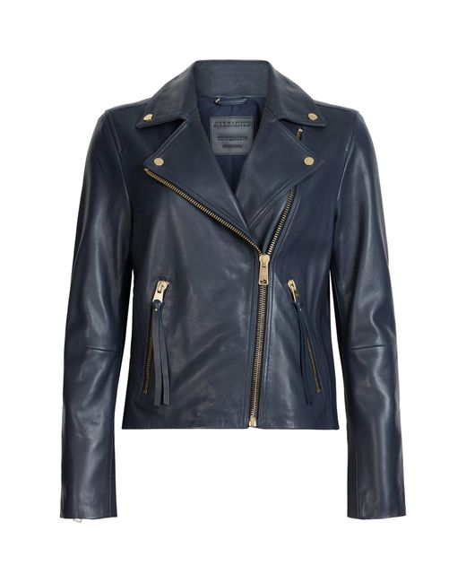 AllSaints Blue Leather Dalby Biker Jacket