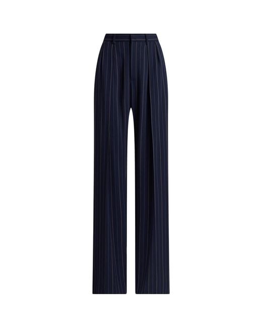 Ralph Lauren Blue Wool Pinstripe Jody Wide-Leg Trousers
