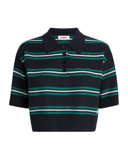 Sandro Green Striped Cropped Polo Sweater