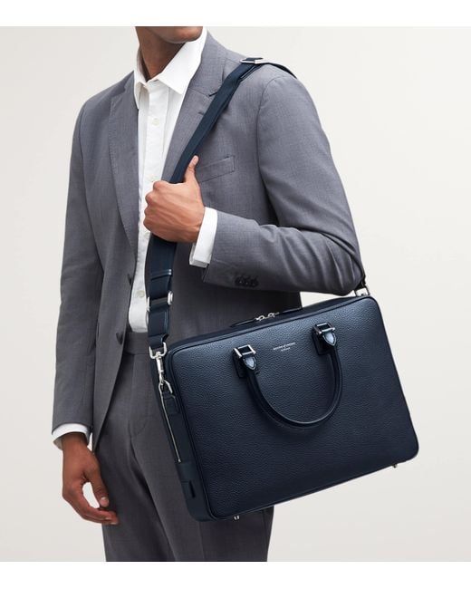 Aspinal Blue Leather Mount Street Briefcase Bag for men