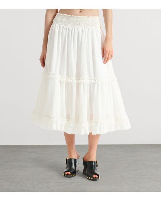 Balmain White Poplin Gathered Flared Skirt