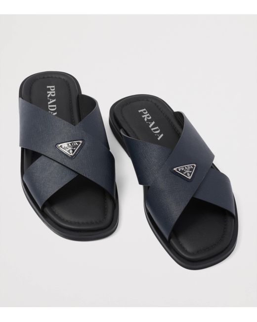 Prada Black Saffiano Leather Crossover Sandals for men