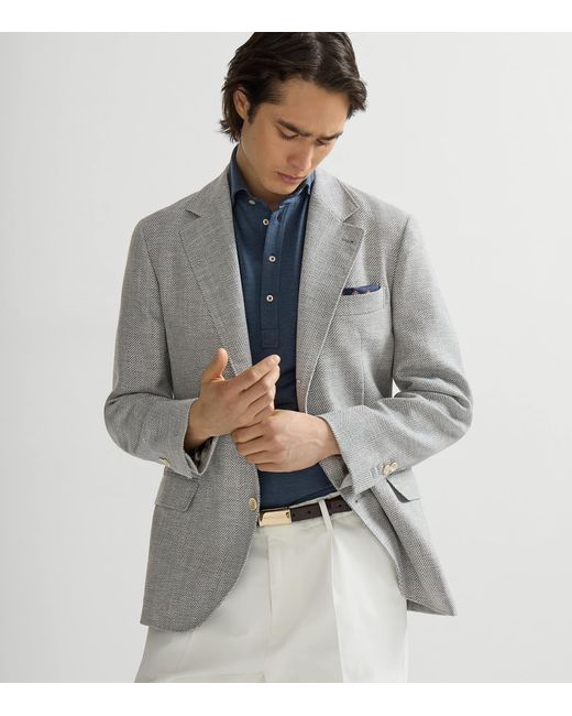 Brunello Cucinelli Gray Wool-Alpaca-Silk Chevron Blazer for men