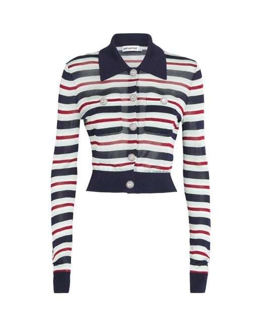 Self-Portrait Blue Crystal-Embellished Stripe Cardigan