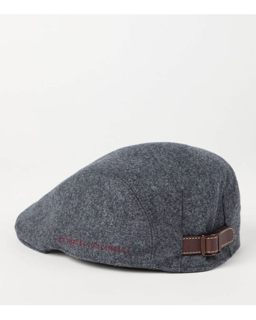 Brunello Cucinelli Gray Virgin Wool Embroidered Flat Cap for men