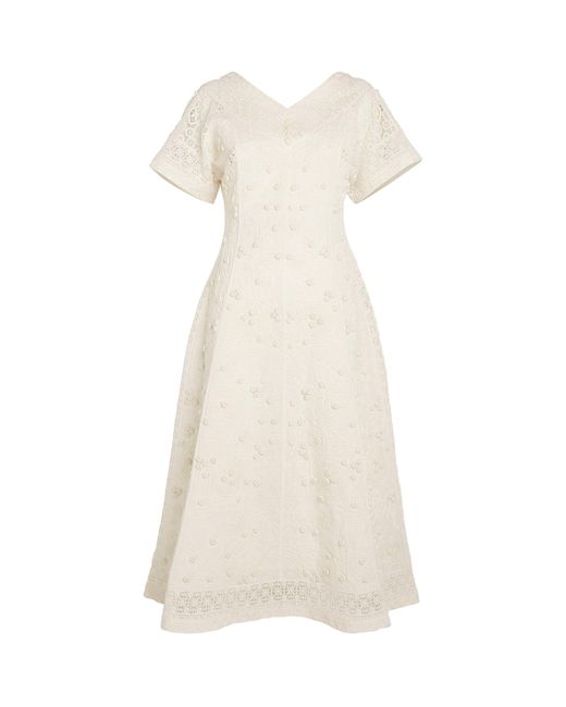 Tory Burch Linen-Cotton Embroidered Midi Dress in Natural | Lyst UK