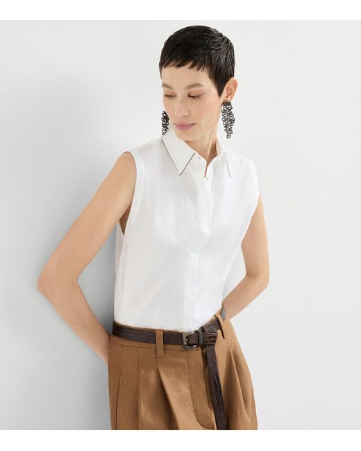 Brunello Cucinelli White Stretch-Cotton Poplin Sleeveless Shirt