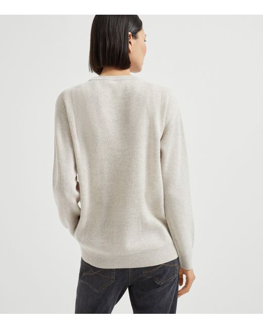 Brunello Cucinelli White Cashmere English Rib Knit Sweater