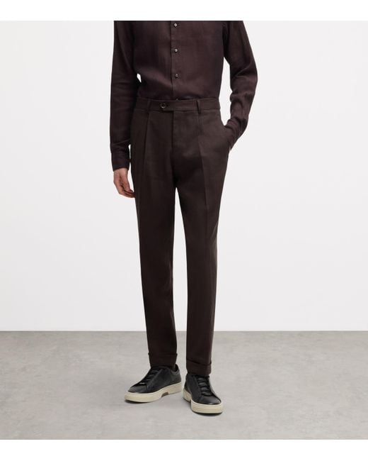 Boss Brown Linen-Wool Tailored Trousers for men