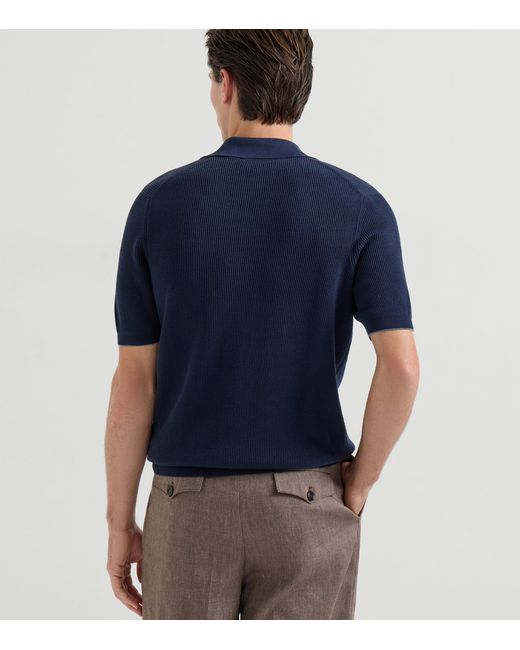 Brunello Cucinelli Blue Cotton Rib-Knit Polo Shirt for men