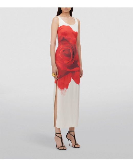 Alexander McQueen Red Silk Bleeding Rose Midi Dress