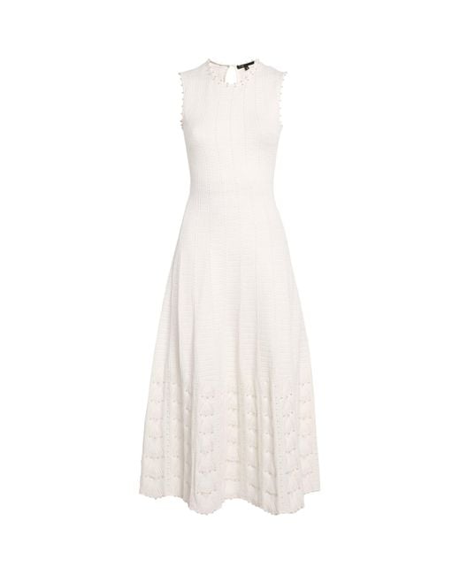 Maje White Pointelle Beaded Midi Dress