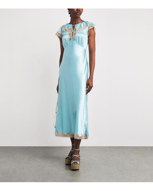 Rixo Blue Lace-Trim Vivienne Midi Dress