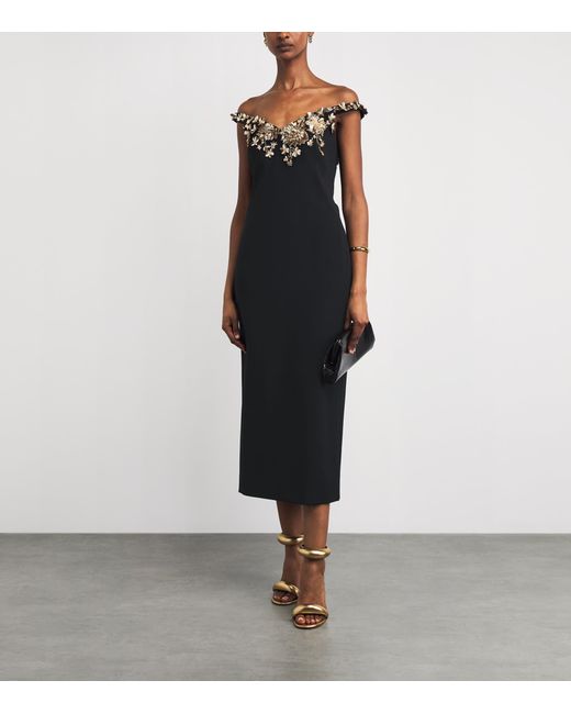 Pamella Roland Black Embellished Off-The-Shoulder Midi Dress