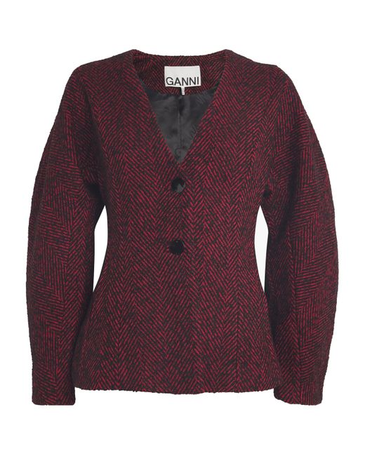 Ganni Purple Wool-Blend Herringbone Blazer