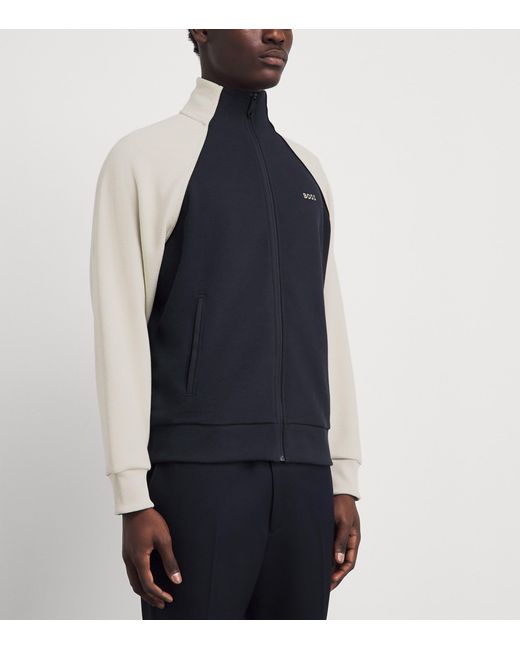 Boss Blue Cotton-Blend Zip-Up Sweatshirt for men