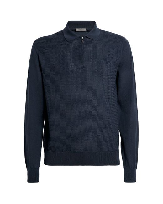 Corneliani Blue Virgin Wool Quarter-Zip Polo Sweater for men