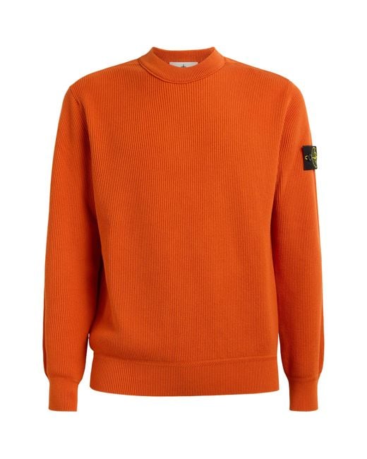 Stone Island Orange Ribbed Compass Patch Sweatshirt for men