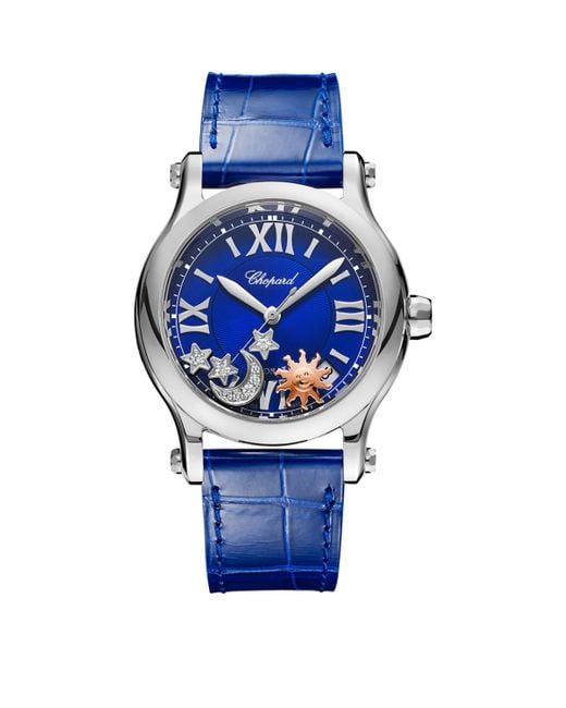 Chopard Blue Stainless Steel And Diamond Happy Sport Sun, Moon And Stars Watch