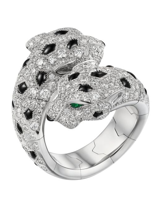 Cartier Metallic White Gold, Diamond, Emerald And Onyx Panthère De Ring