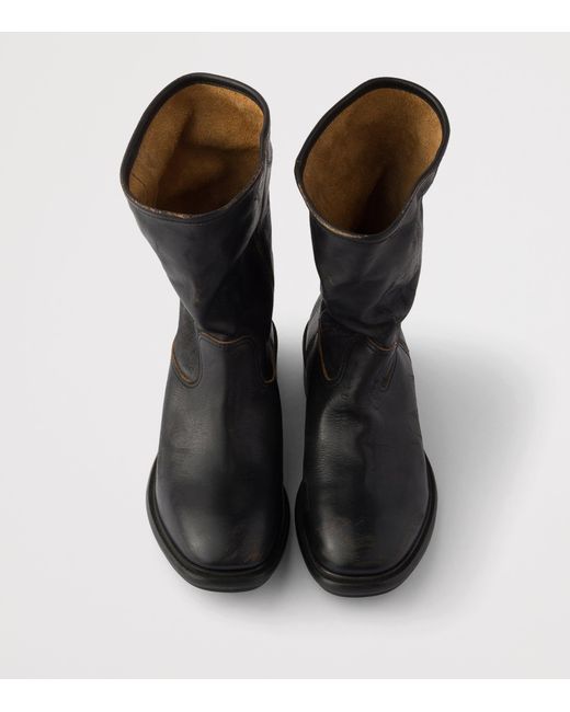 Prada Black Leather Vintage-Effect Mid-Calf Boots 30
