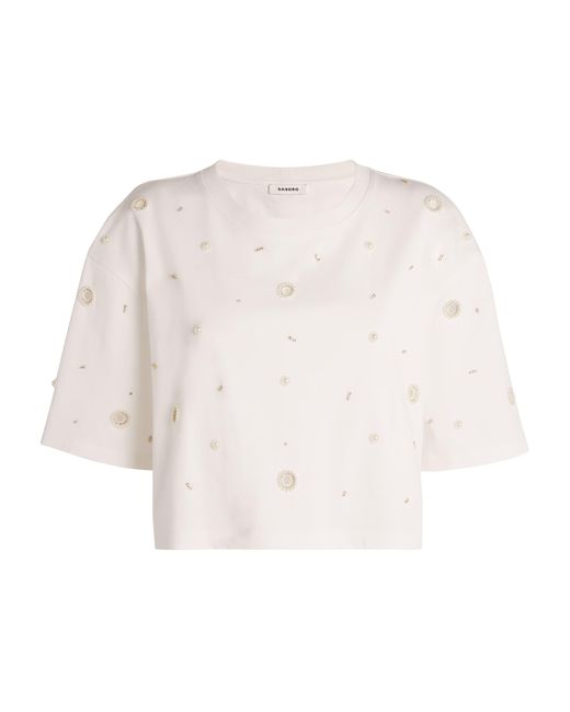 Sandro White Cotton Embellished T-Shirt
