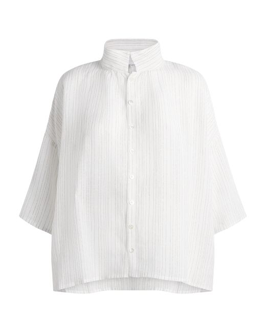 Eskandar White Linen-Blend Stand-Collar Stripe Shirt