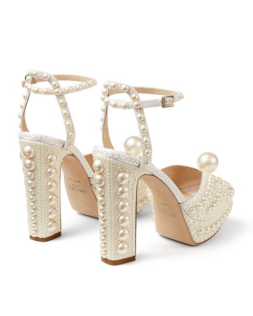 Jimmy Choo White Sacaria 120 Pearl-Embellished Satin Platform Sandals