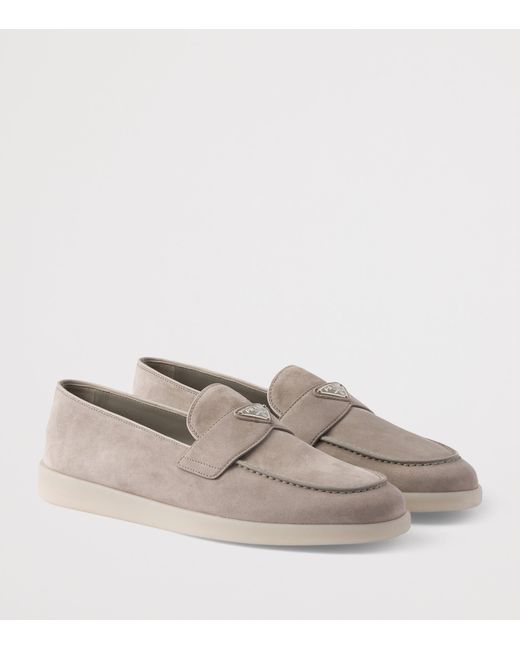 Prada Gray Suede Triangle Loafers for men
