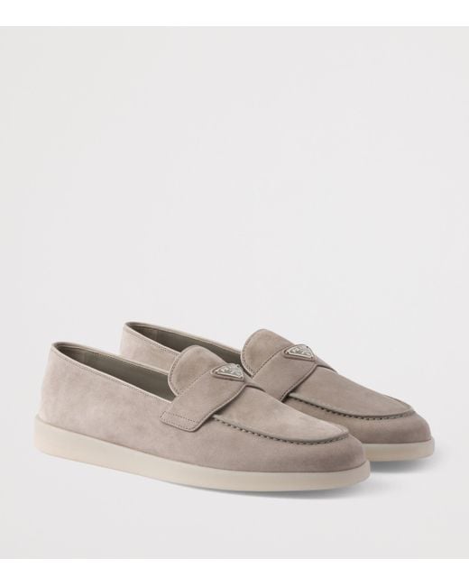 Prada Gray Suede Triangle Loafers for men