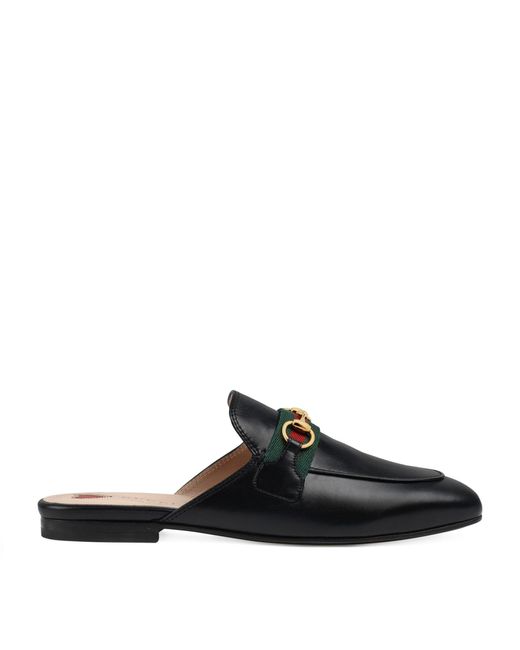 Gucci Black Leather Web Stripe Princetown Slippers