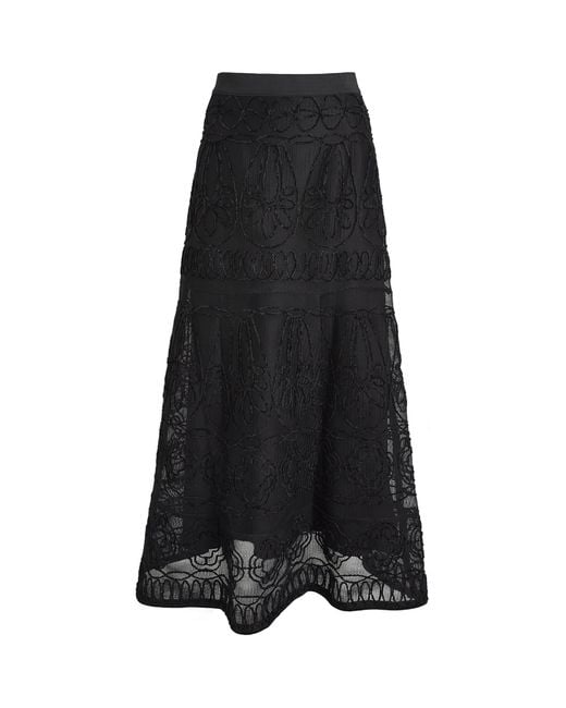 Maje Black Embroidered Flared Maxi Skirt