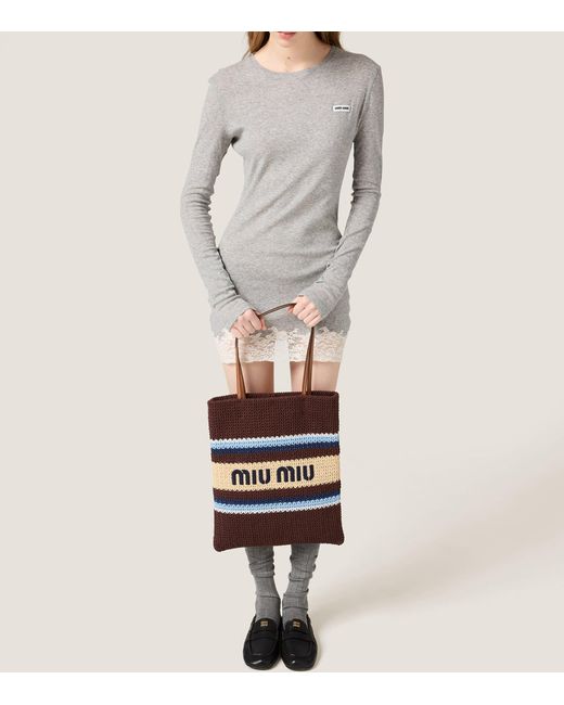 Miu Miu Brown Woven Raffia-Effect Tote Bag