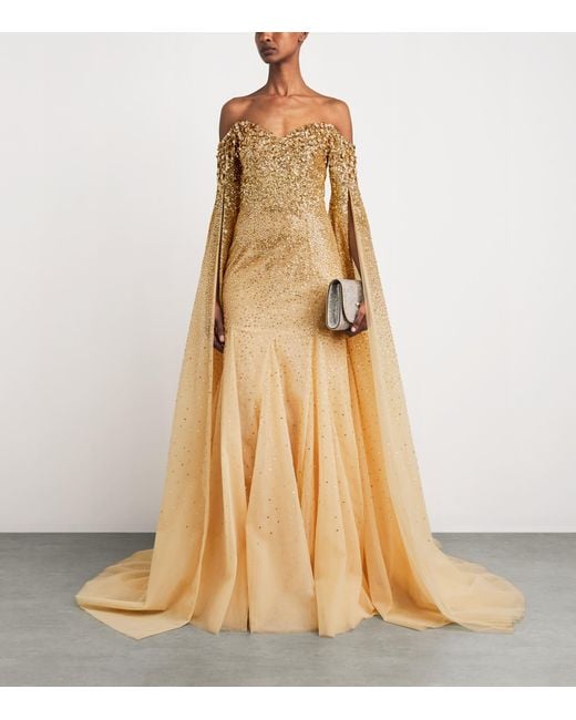 Pamella Roland Natural Sequinned Cape-Sleeve Gown