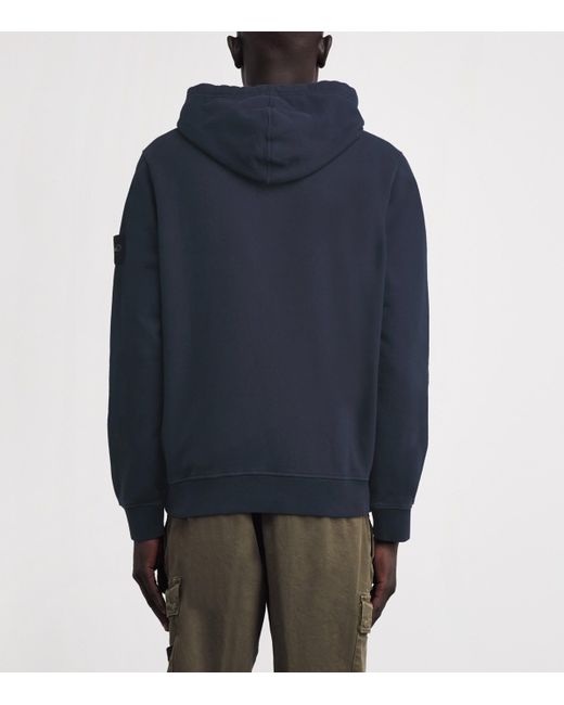 Stone Island Blue Cotton Compass Logo Zip-Up Hoodie for men