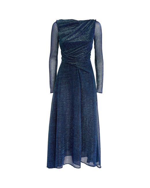 Talbot Runhof Blue Metallic Draped Midi Dress