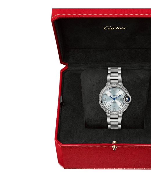 Cartier Metallic Stainless Steel And Diamond Ballon Bleu De Watch 33mm