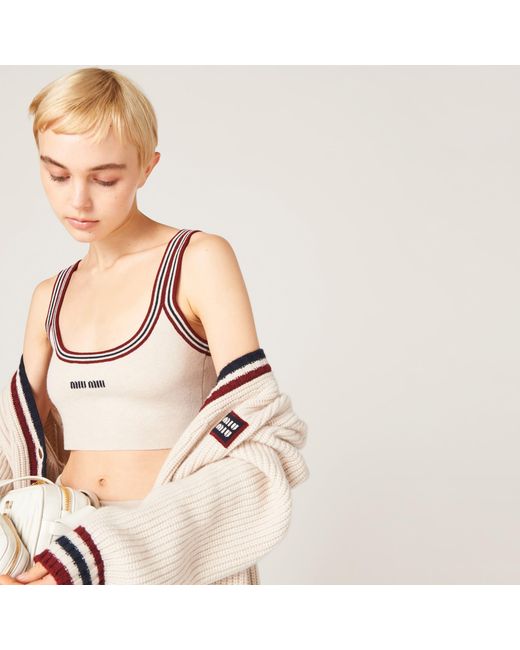 Miu Miu Brown Cashmere Logo Crop Top