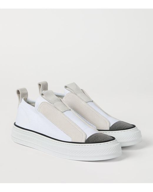Brunello Cucinelli White Knitted Suede-Trim Sneakers