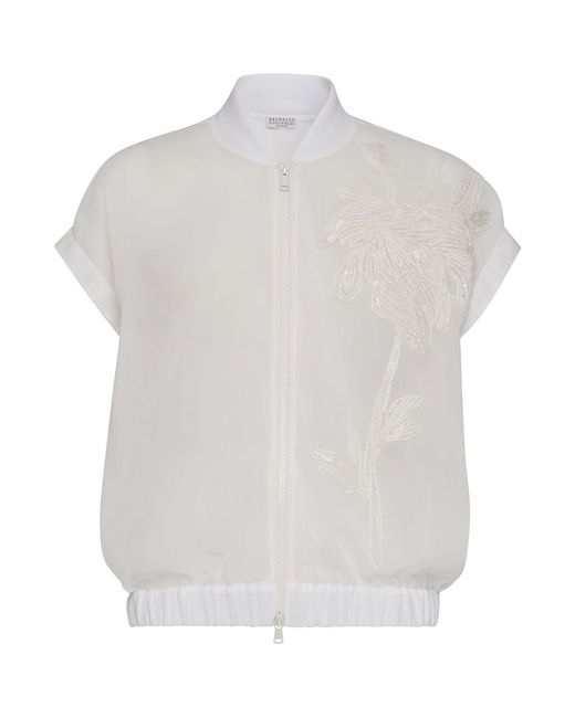 Brunello Cucinelli White Cotton Organza Embroidered Bomber Jacket