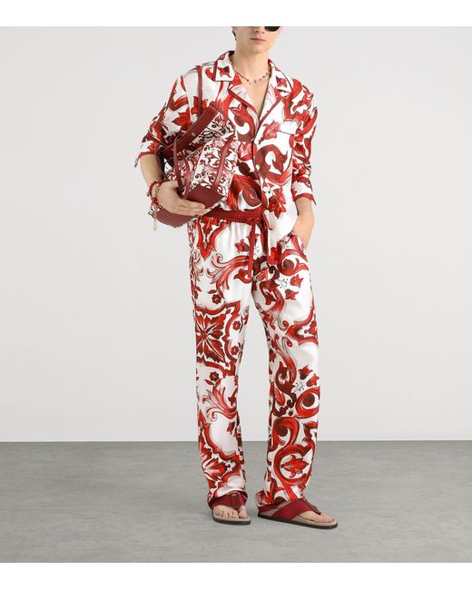 Dolce & Gabbana Red Silk Majolica Print Trousers