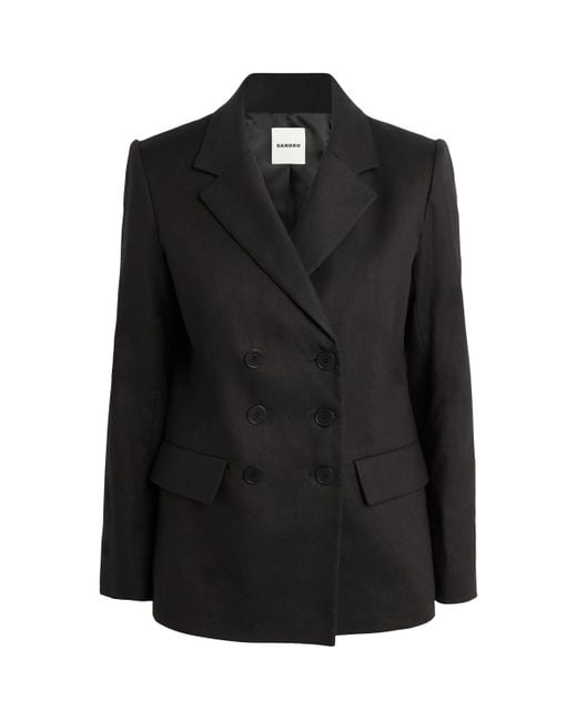 Sandro Black Linen-Cotton Double-Breasted Suit Jacket
