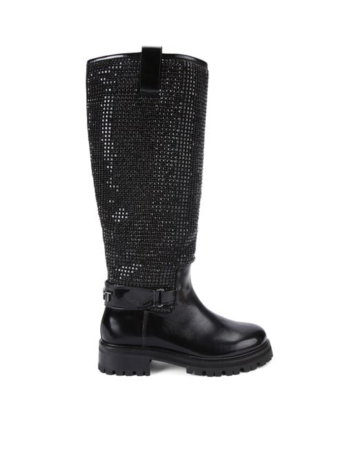 Kurt Geiger Black Leather Crystal Knee-High Boots