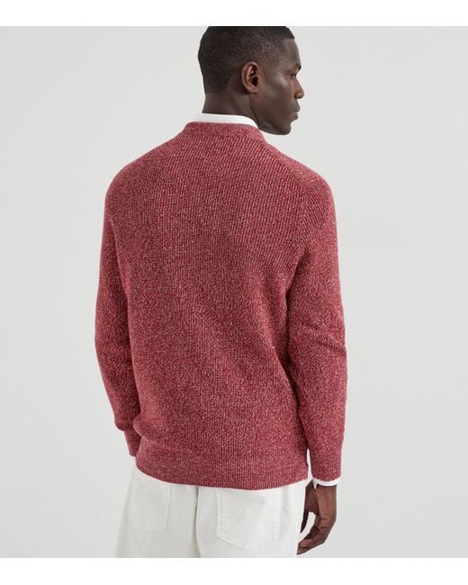 Brunello Cucinelli Red Cotton-Linen English Rib Sweater for men