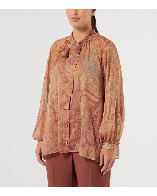 Marina Rinaldi Brown Silk Printed Tie-Detail Shirt