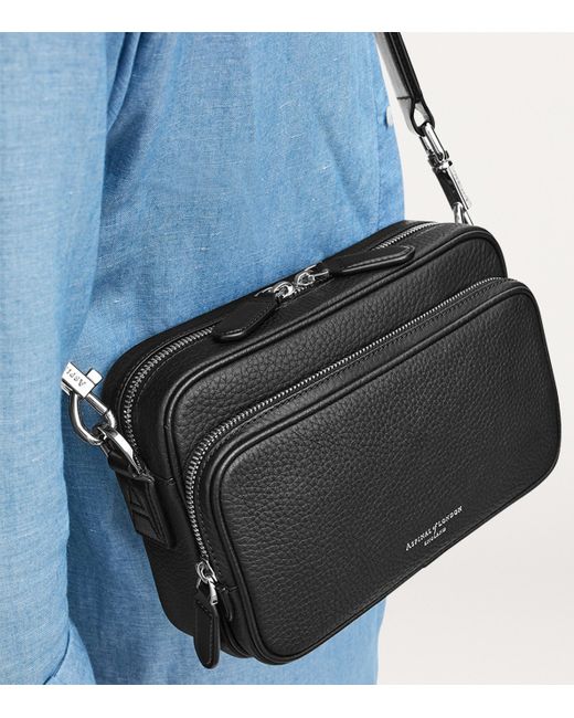 Aspinal Black Leather Reporter East West Messenger Bag for men