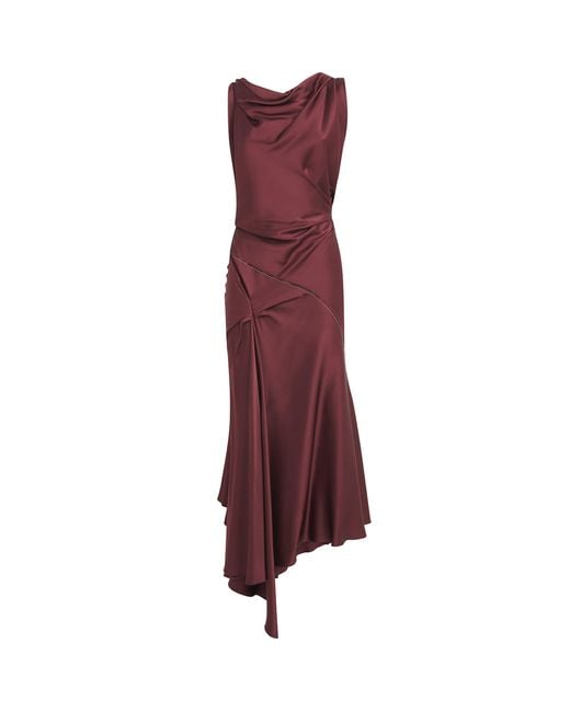 Victoria Beckham Red Satin Asymmetric Draped Midi Dress