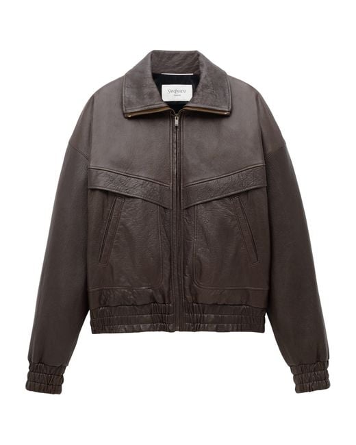 Saint Laurent Gray Leather Bomber Jacket for men