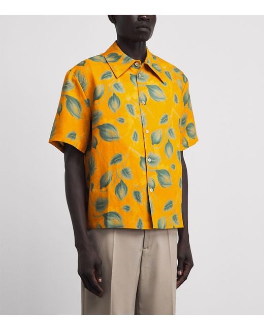 Séfr Yellow Linen Leaf Print Dayot Shirt for men